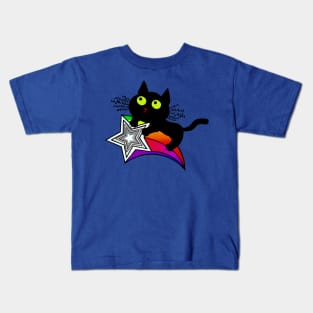 Lucky Black Cat riding a Shooting Star Kids T-Shirt